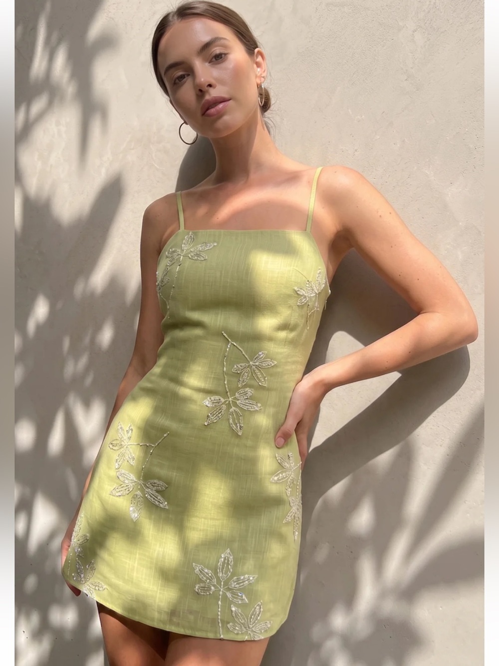 Commense Women’s Green Embroidered Spaghetti Strap Dress Small